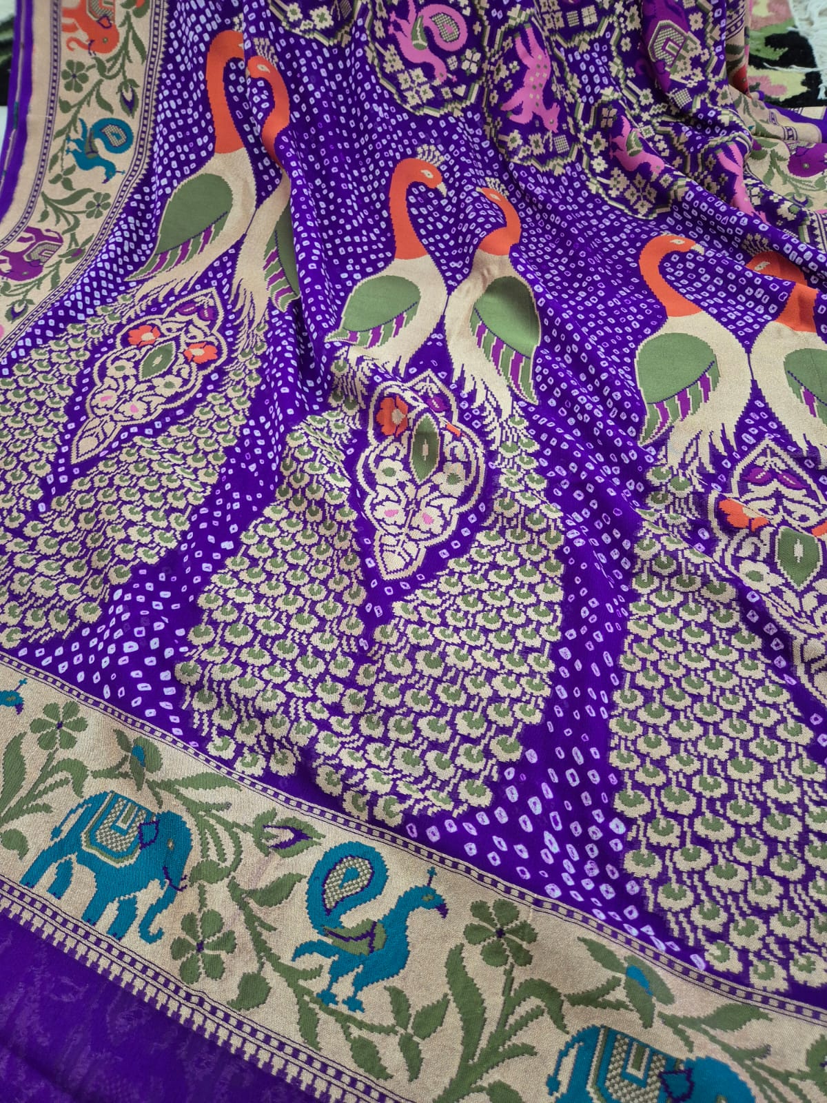 Violet Pure Banarsi Gerogette Meenakari Bandhani Saree