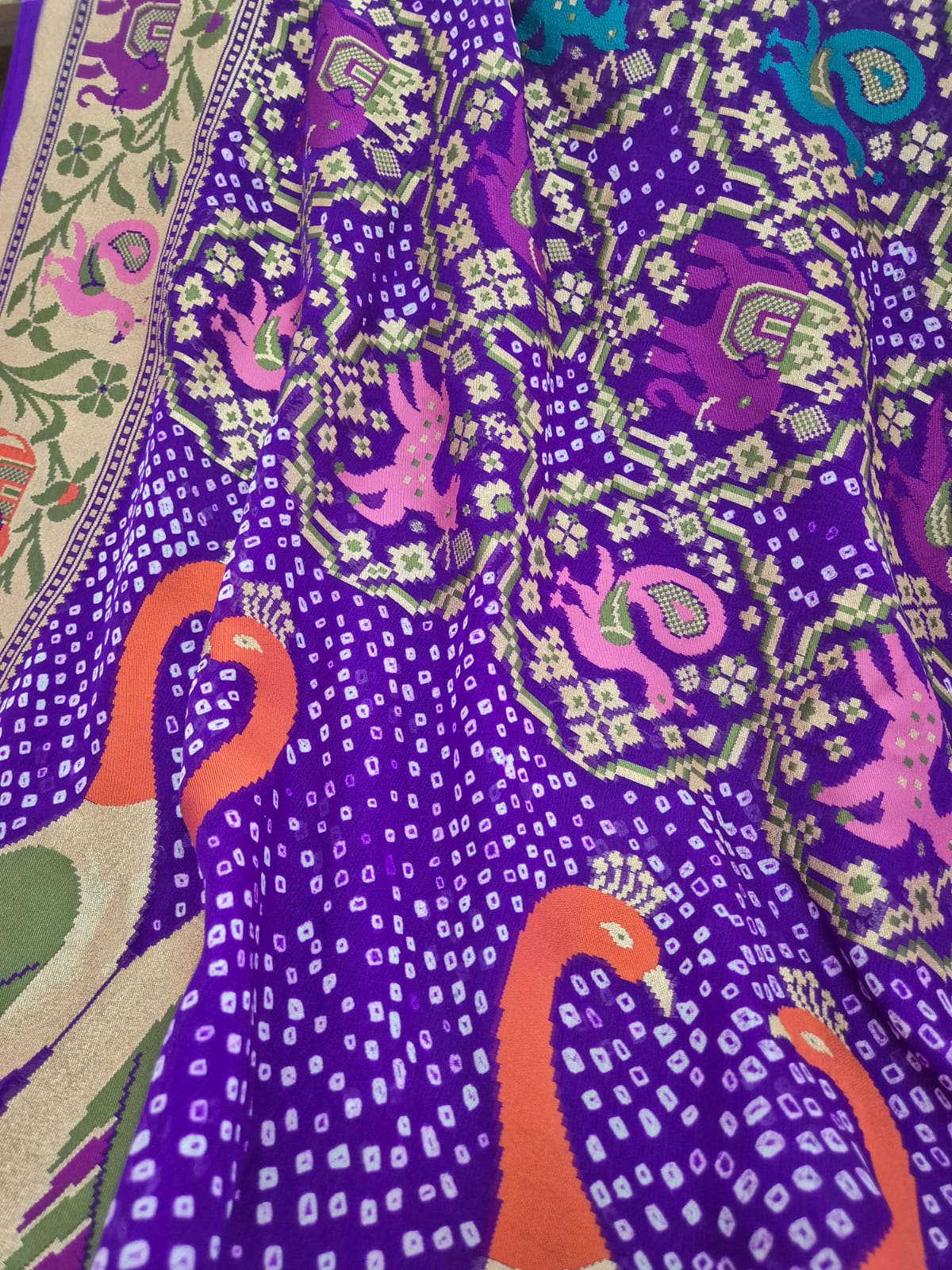 Violet Pure Banarsi Gerogette Meenakari Bandhani Saree