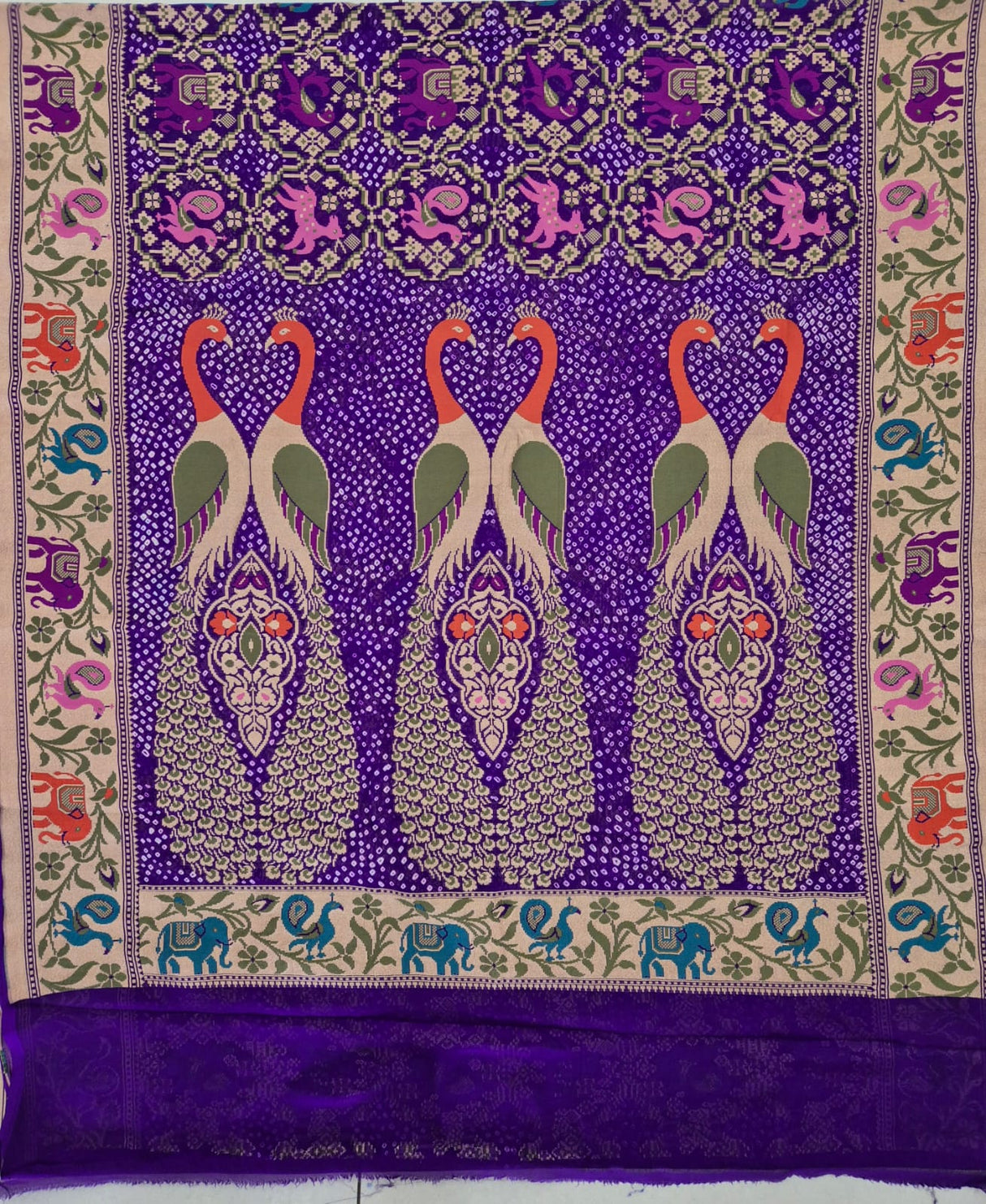 Violet Pure Banarsi Gerogette Meenakari Bandhani Saree