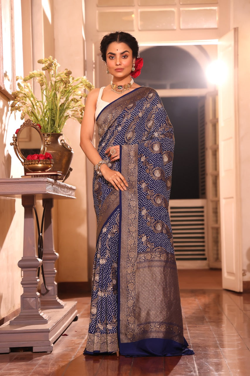 Blue Colour Pure Banarasi Silk Bandhani Saree