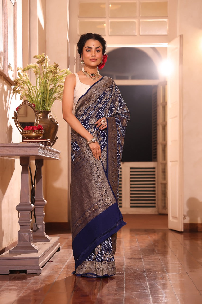 Blue Colour Pure Banarasi Silk Bandhani Saree