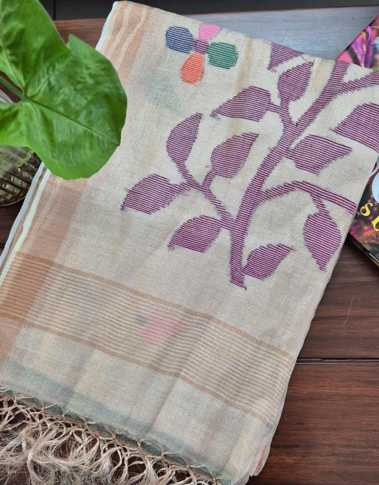 Beige Base with Mauve Stems Handloom Tissue Silk Saree with Jamdani weaving