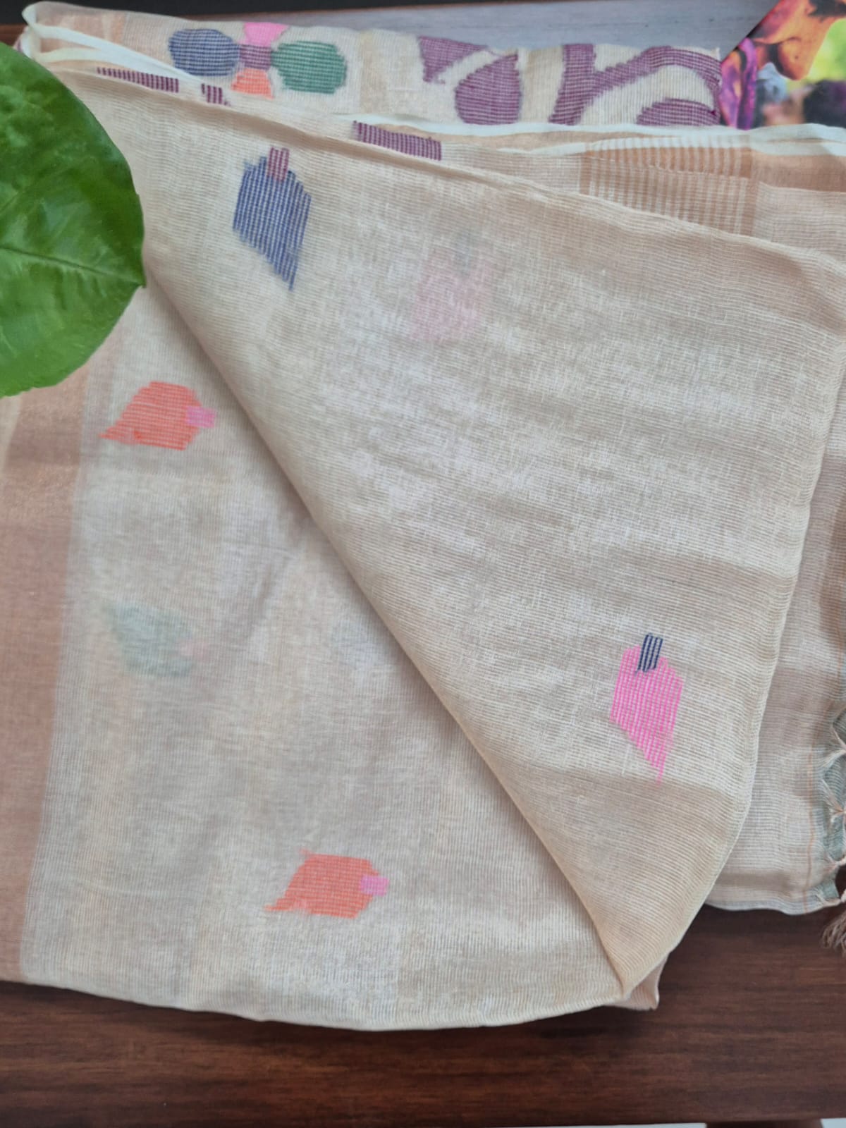 Beige Base with Mauve Stems Handloom Tissue Silk Saree with Jamdani weaving