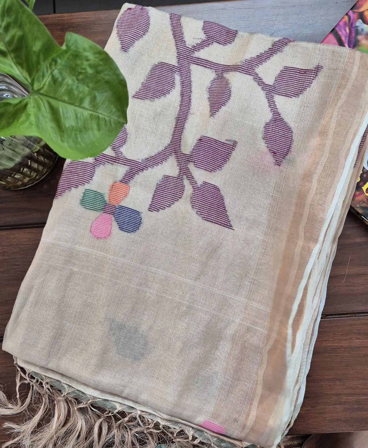 Beige Base with Mauve Stems Handloom Tissue Silk Saree with Jamdani weaving