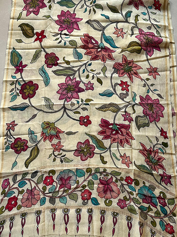 Beige Chanderi Cotton Silk Floral Kalamkari Dupatta