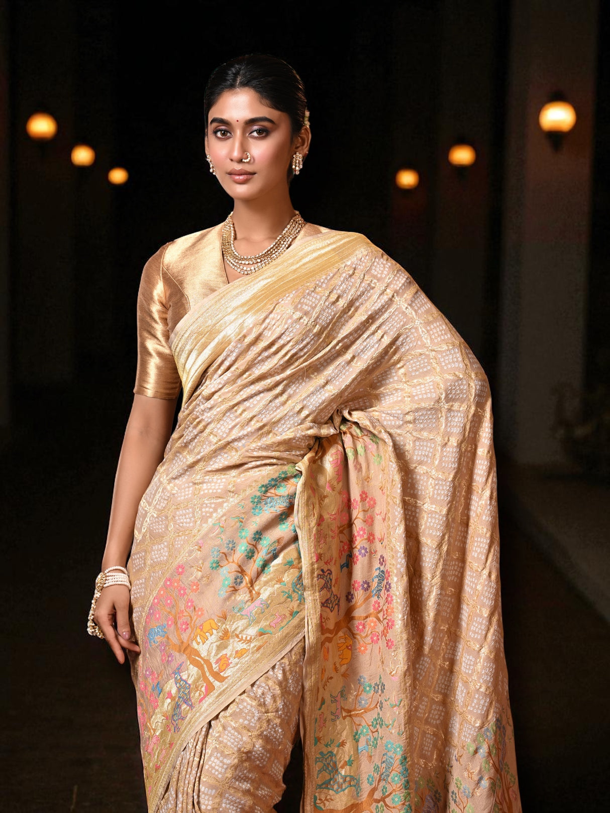 Dusty Beige Pure Banarsi Georgette Bandhani Saree