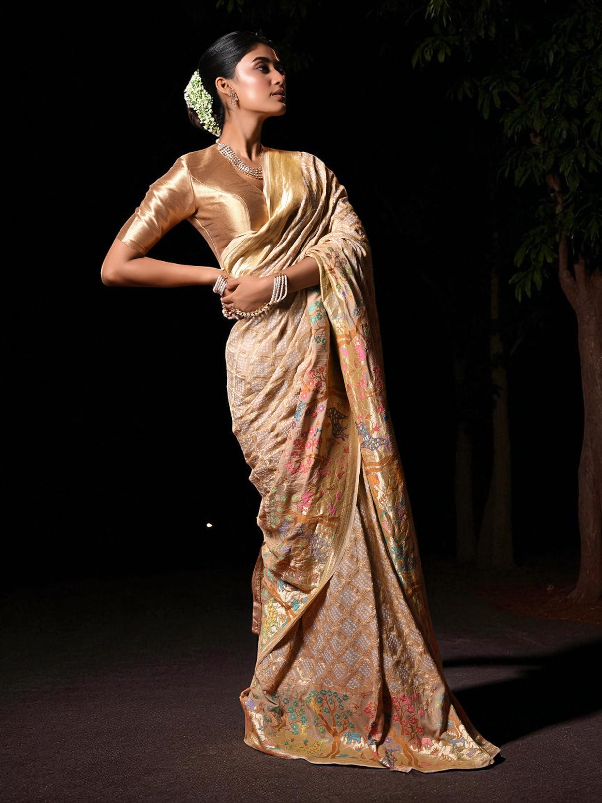 Dusty Beige Pure Banarsi Georgette Bandhani Saree