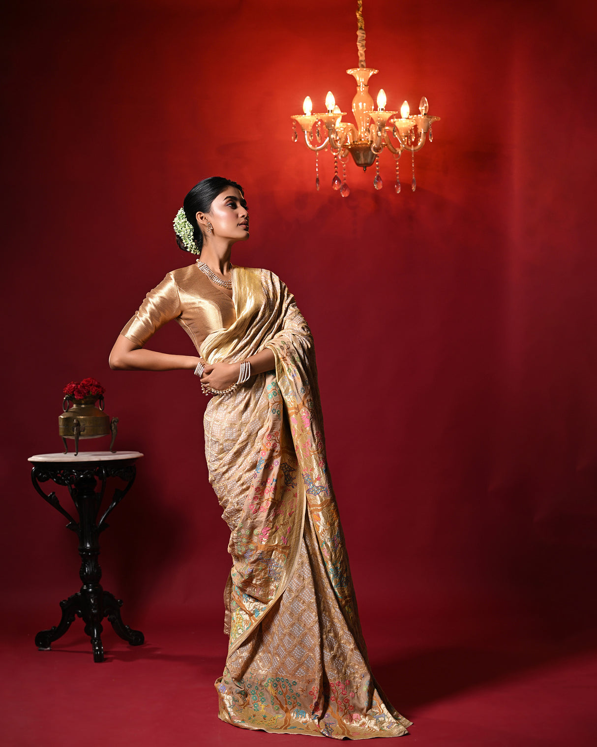 Dusty Beige Pure Banarsi Georgette Bandhani Saree