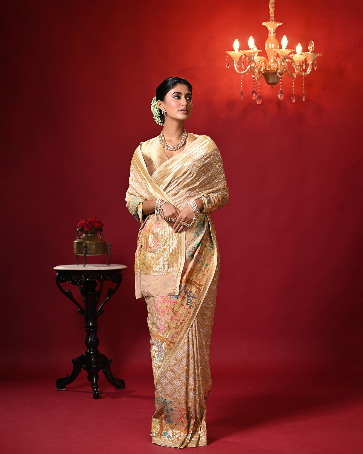 Dusty Beige Pure Banarsi Georgette Bandhani Saree