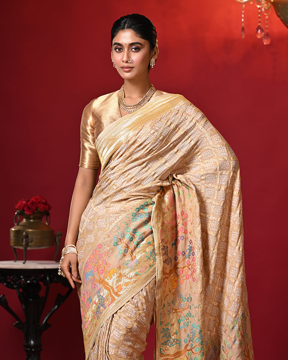 Dusty Beige Pure Banarsi Georgette Bandhani Saree