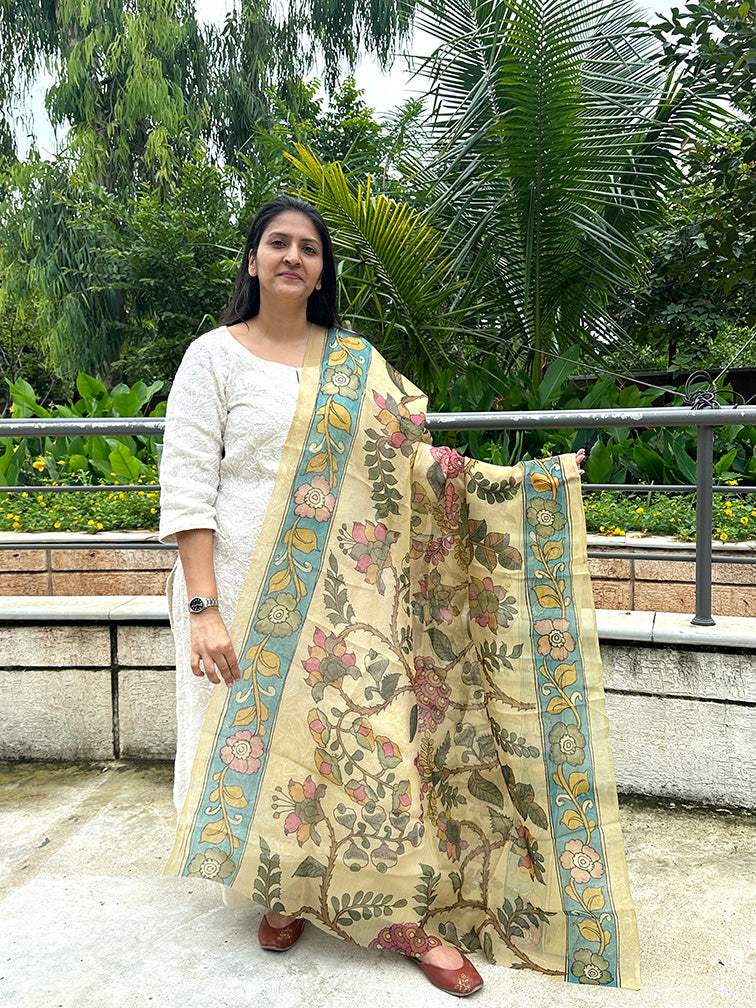 Beige Organza Kalamkari Dupatta