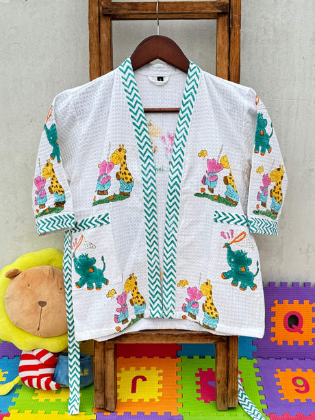 cotton waffle bathrobe for kids with cute giraffe elephant print retail wholesale Dubai Singapore