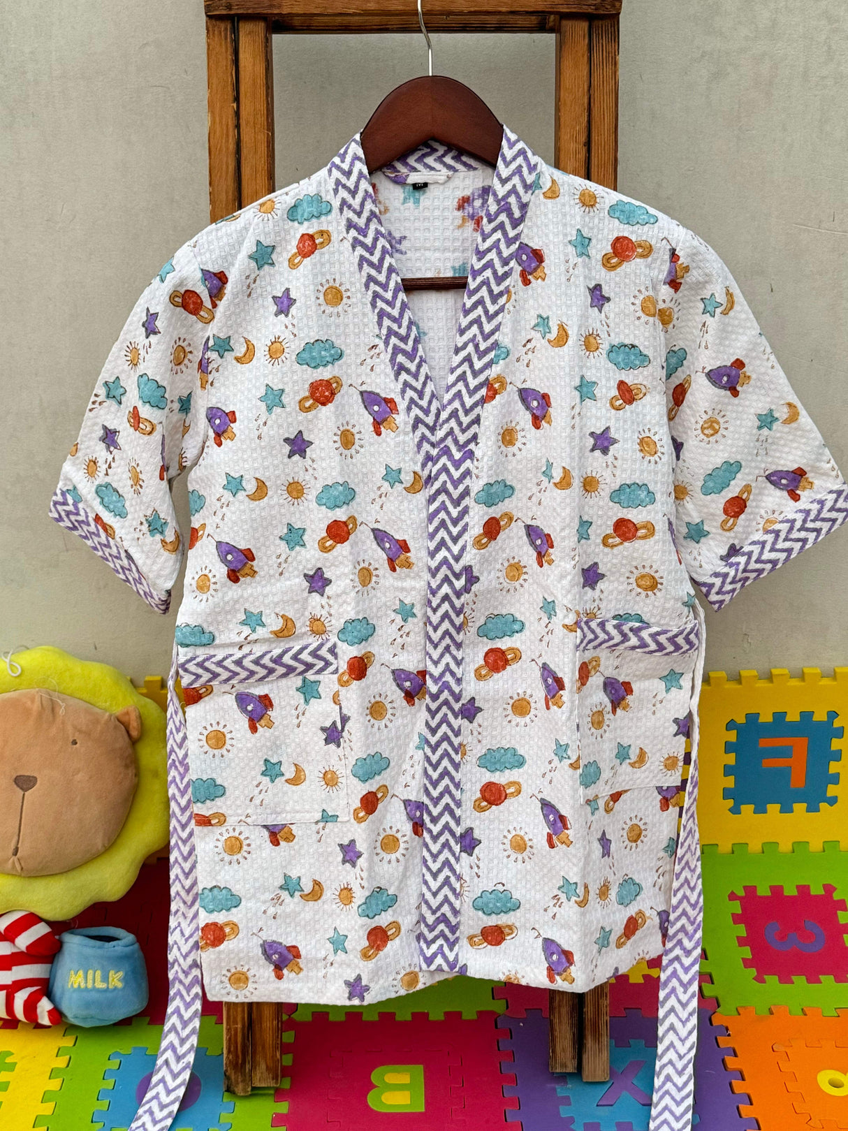 kids waffle bathrobe space theme must-have for vacations and swimming classes, wholesale to Switzerland, Dubai