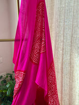 Rani Pink and Red Circle Theme Pure Gajji Silk Bandhani Saree