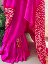 Rani Pink and Red Circle Theme Pure Gajji Silk Bandhani Saree