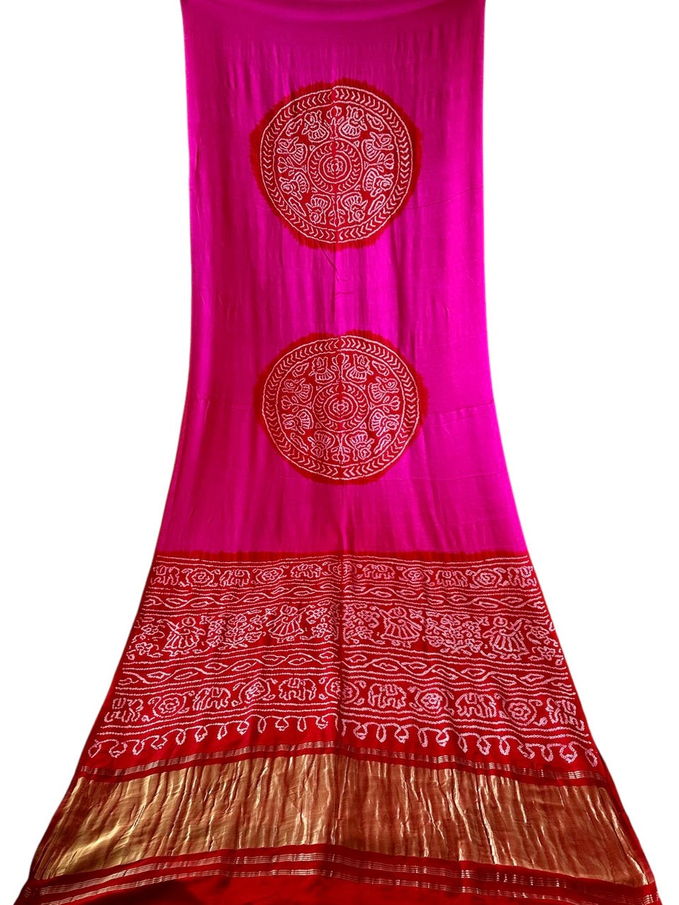 Rani Pink and Red Circle Theme Pure Gajji Silk Bandhani Saree