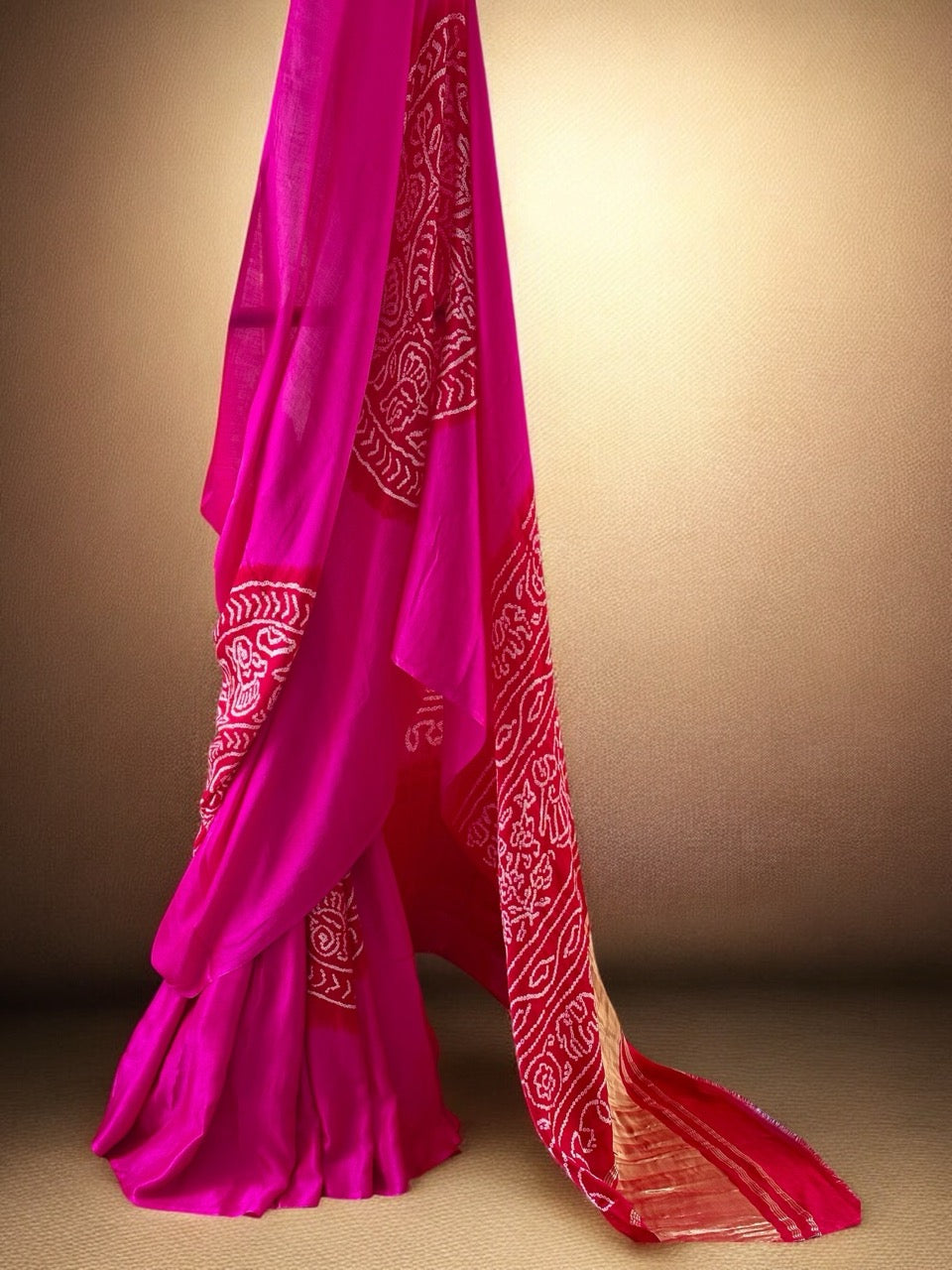 Rani Pink and Red Circle Theme Pure Gajji Silk Bandhani Saree