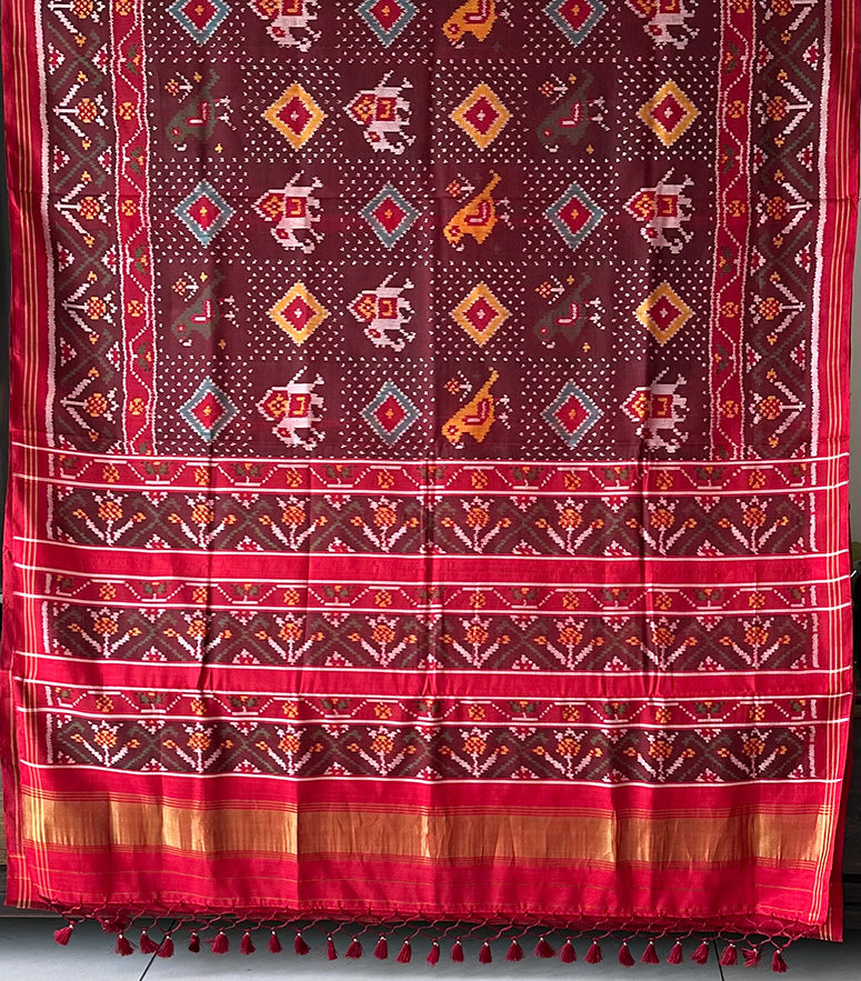 Evergreen Handloom Brown and Red Mulberry Silk Ikat Patola Saree with Animal Motif