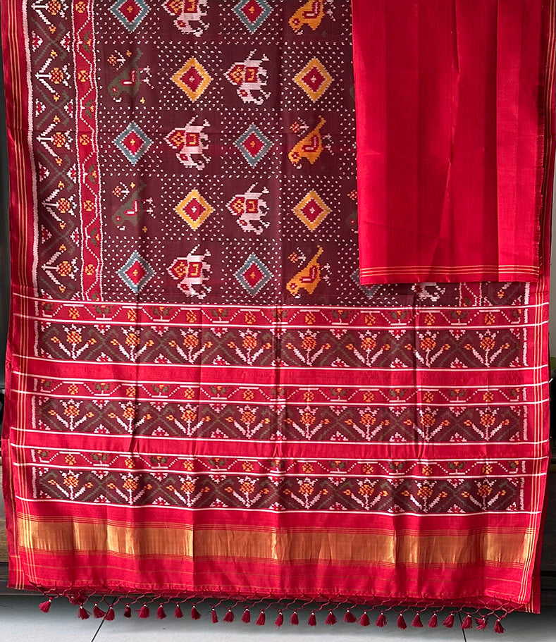 Evergreen Handloom Brown and Red Mulberry Silk Ikat Patola Saree with Animal Motif