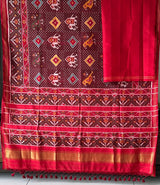 Evergreen Handloom Brown and Red Mulberry Silk Ikat Patola Saree with Animal Motif