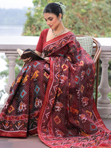 Evergreen Handloom Brown and Red Mulberry Silk Ikat Patola Saree with Animal Motif