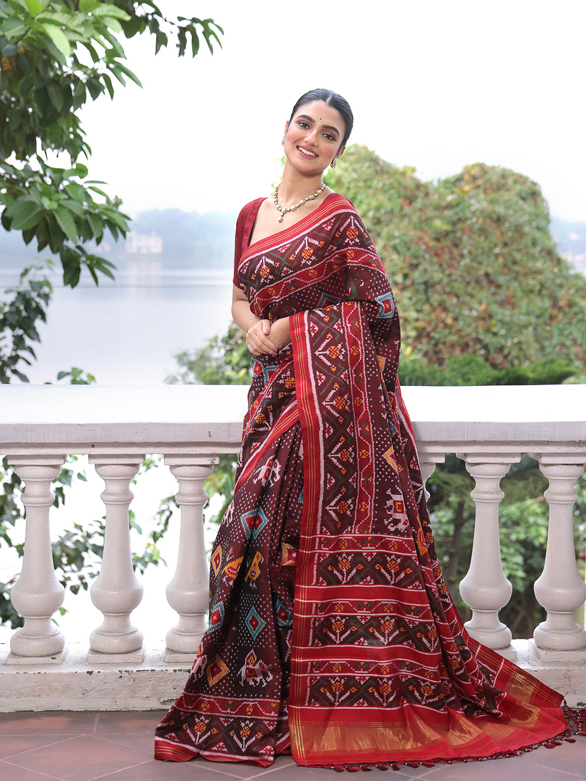 Evergreen Handloom Brown and Red Mulberry Silk Ikat Patola Saree with Animal Motif