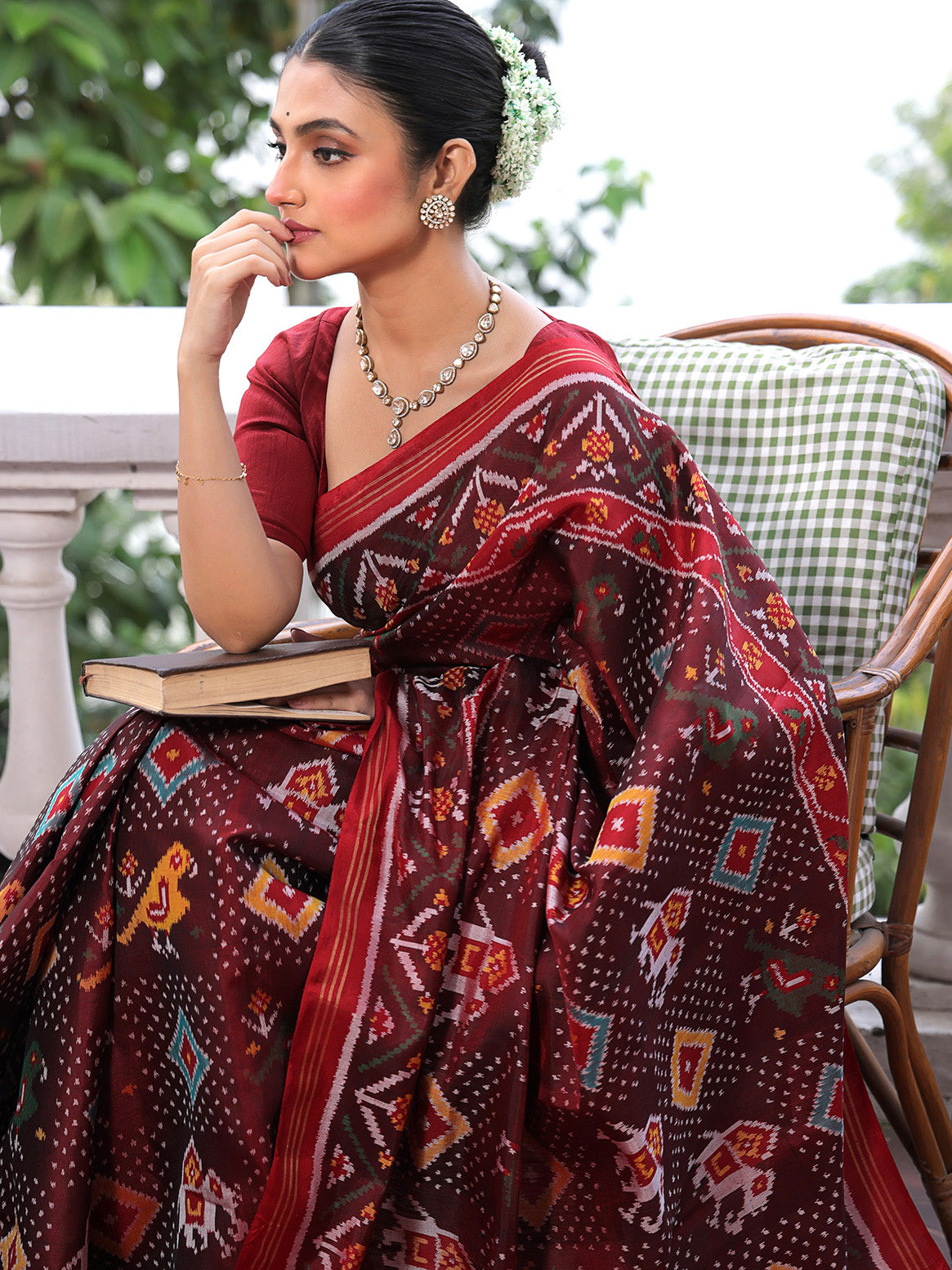 Evergreen Handloom Brown and Red Mulberry Silk Ikat Patola Saree with Animal Motif