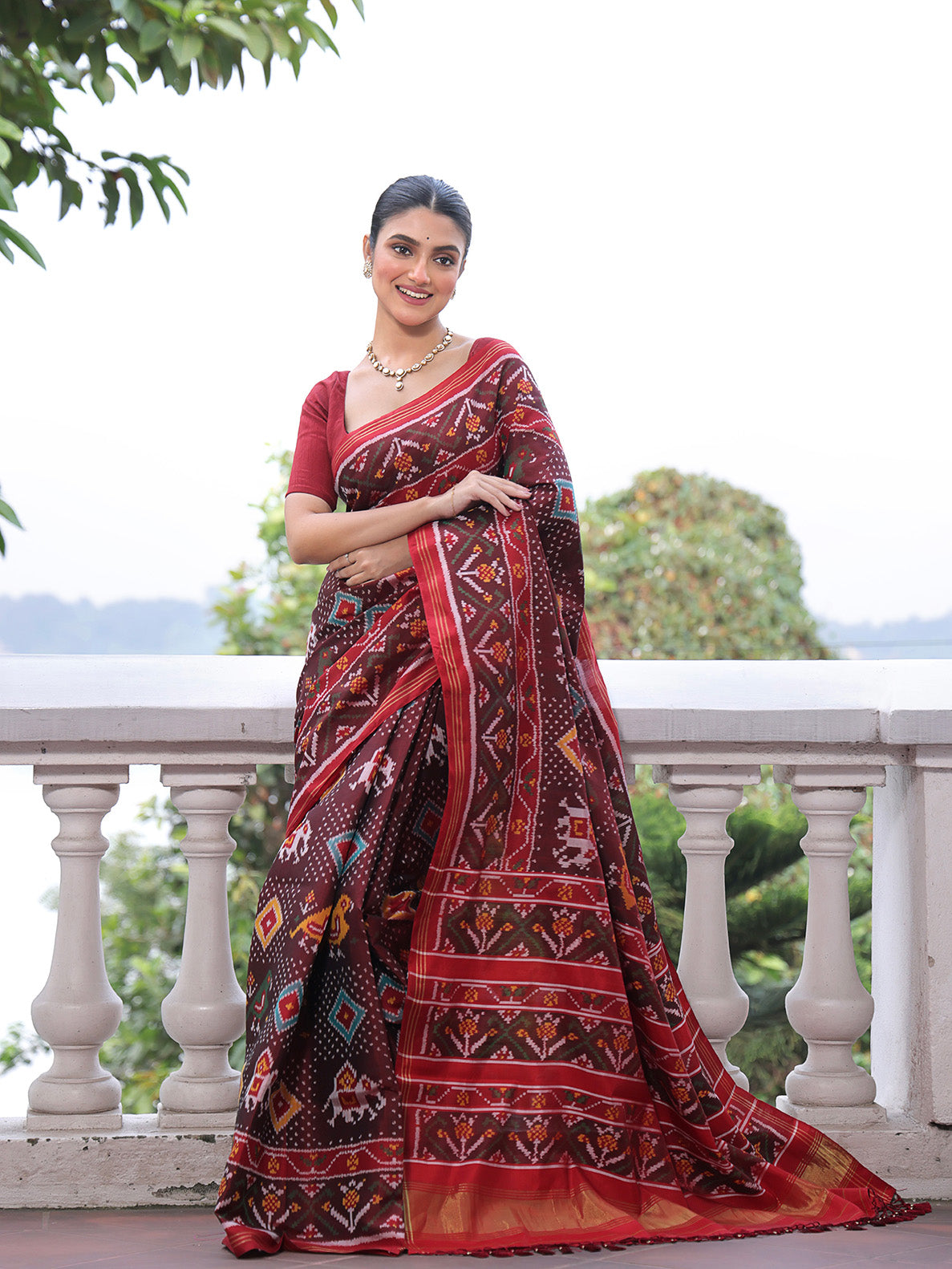 Evergreen Handloom Brown and Red Mulberry Silk Ikat Patola Saree with Animal Motif