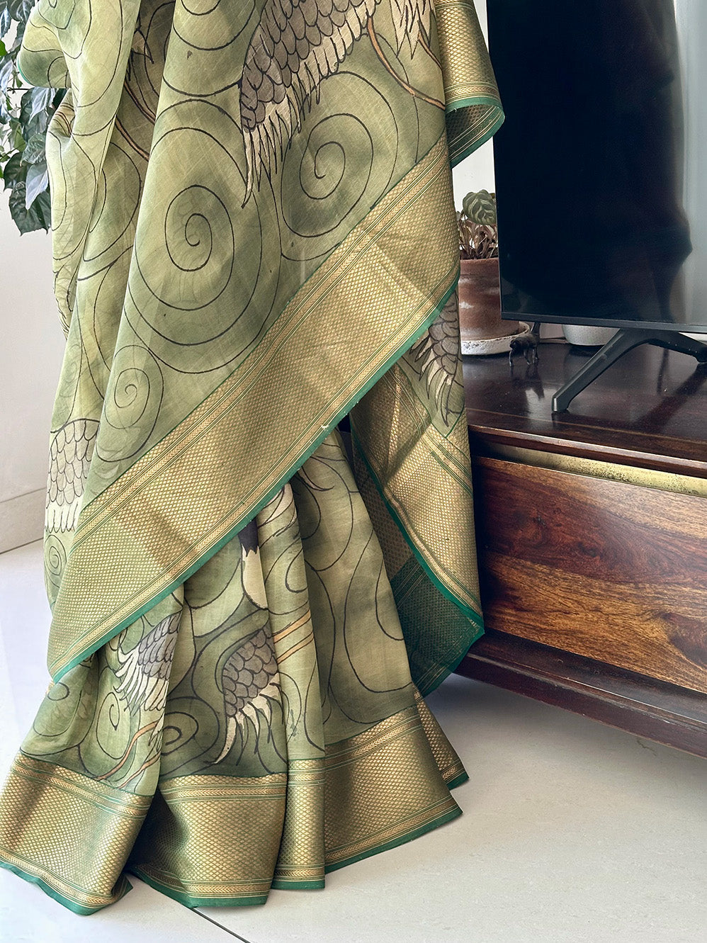 Bird Theme Organza Cotton Silk Kalamkari Saree