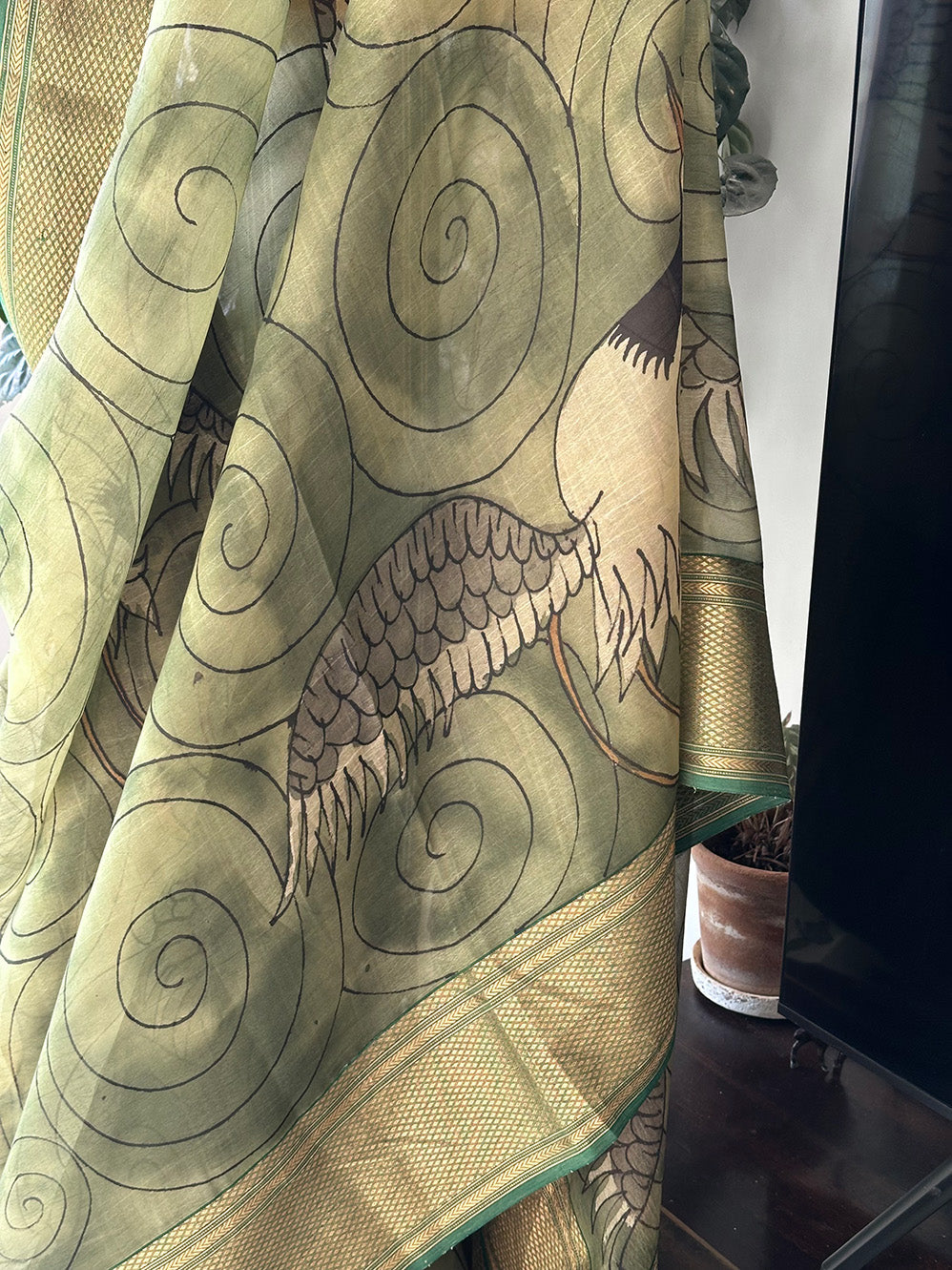 Bird Theme Organza Cotton Silk Kalamkari Saree