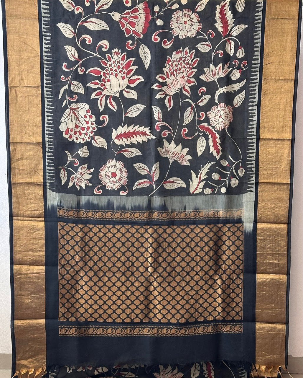 Floral Black Cotton Silk Kalamkari Saree