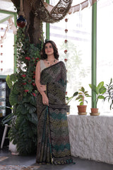 Black Floral Pure Munga Silk Bandhani Saree