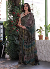 Black Floral Pure Munga Silk Bandhani Saree