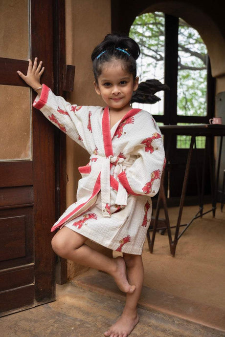 kids personalized waffle cotton bathrobe with embroidered name and handblock animal prints ideal for gifting and boutique resellers