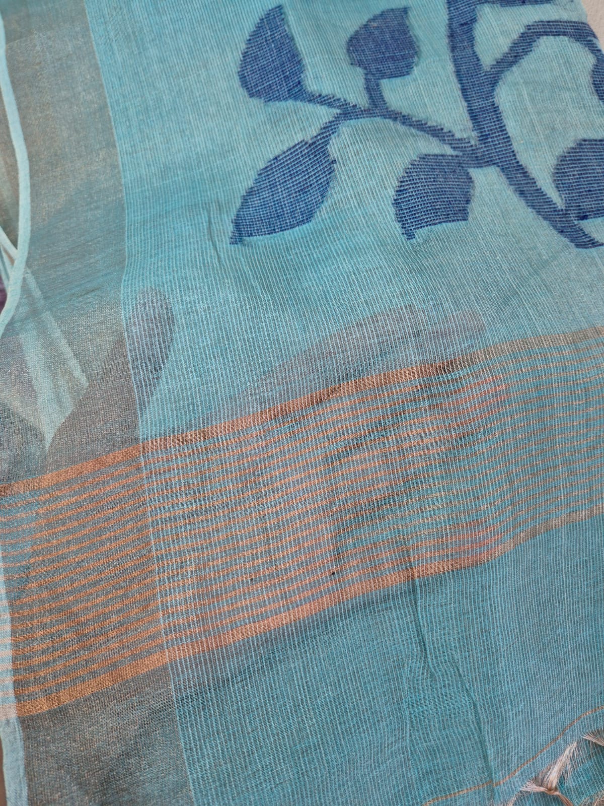 Blue Base with Blue Stems  Handloom Tissue Silk Saree with Jamdani weaving