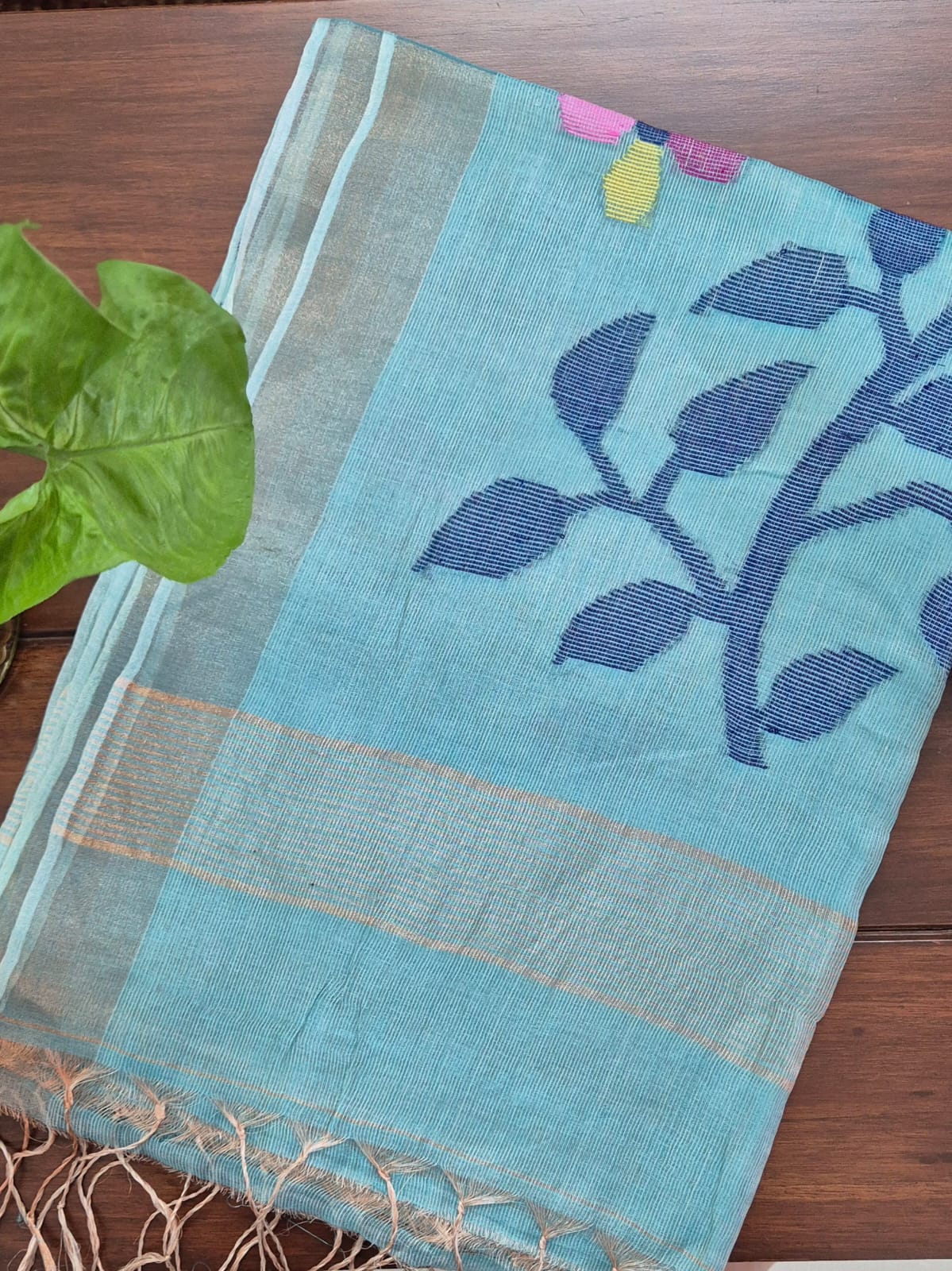 Blue Base with Blue Stems  Handloom Tissue Silk Saree with Jamdani weaving