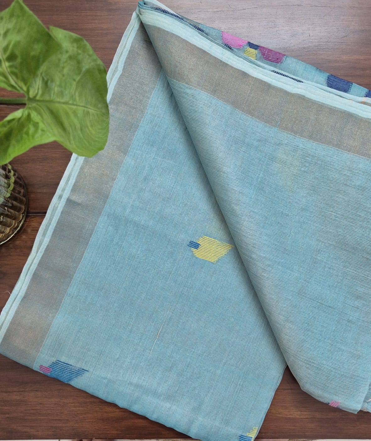 Blue Base with Blue Stems  Handloom Tissue Silk Saree with Jamdani weaving