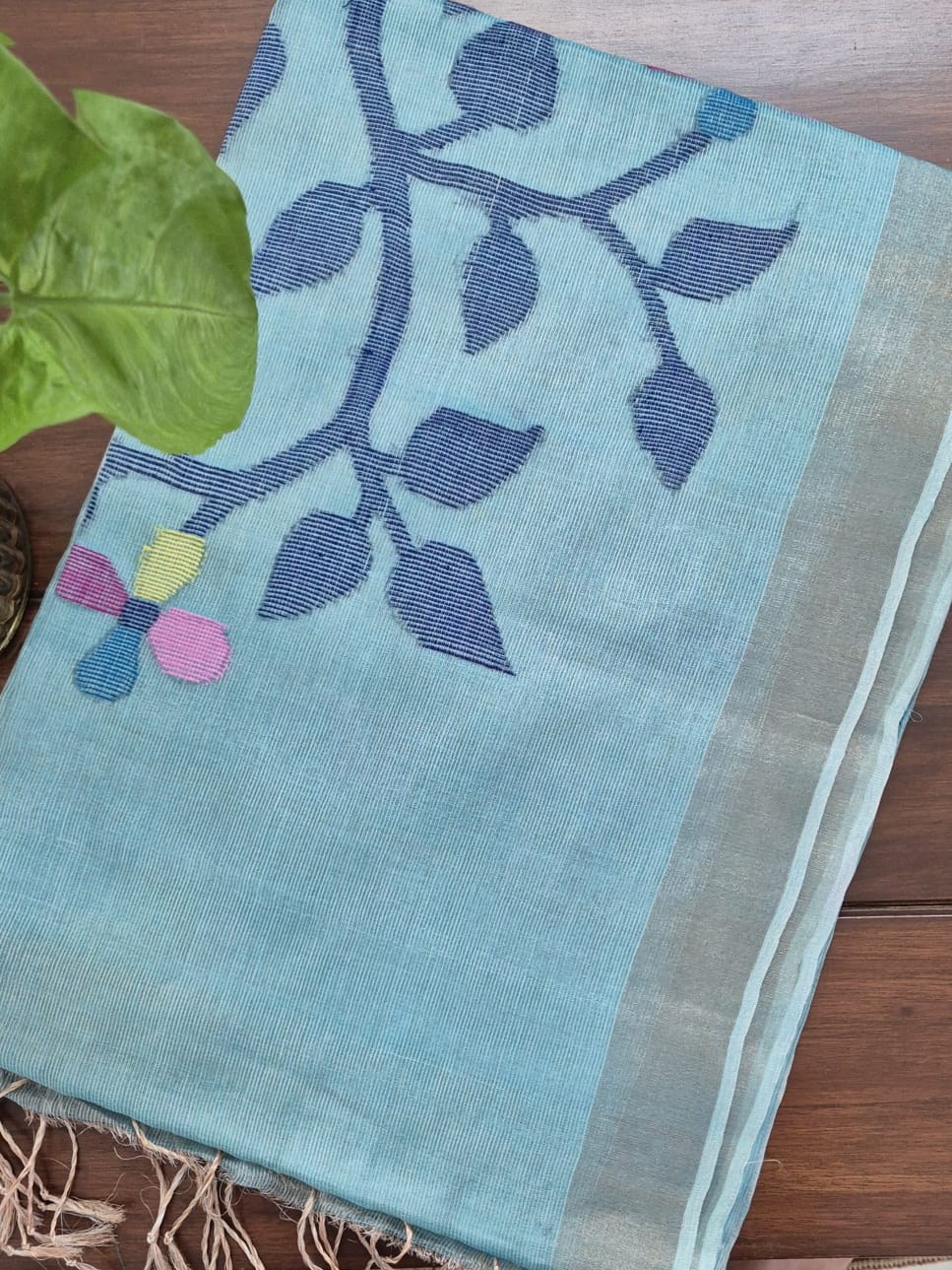Blue Base with Blue Stems  Handloom Tissue Silk Saree with Jamdani weaving