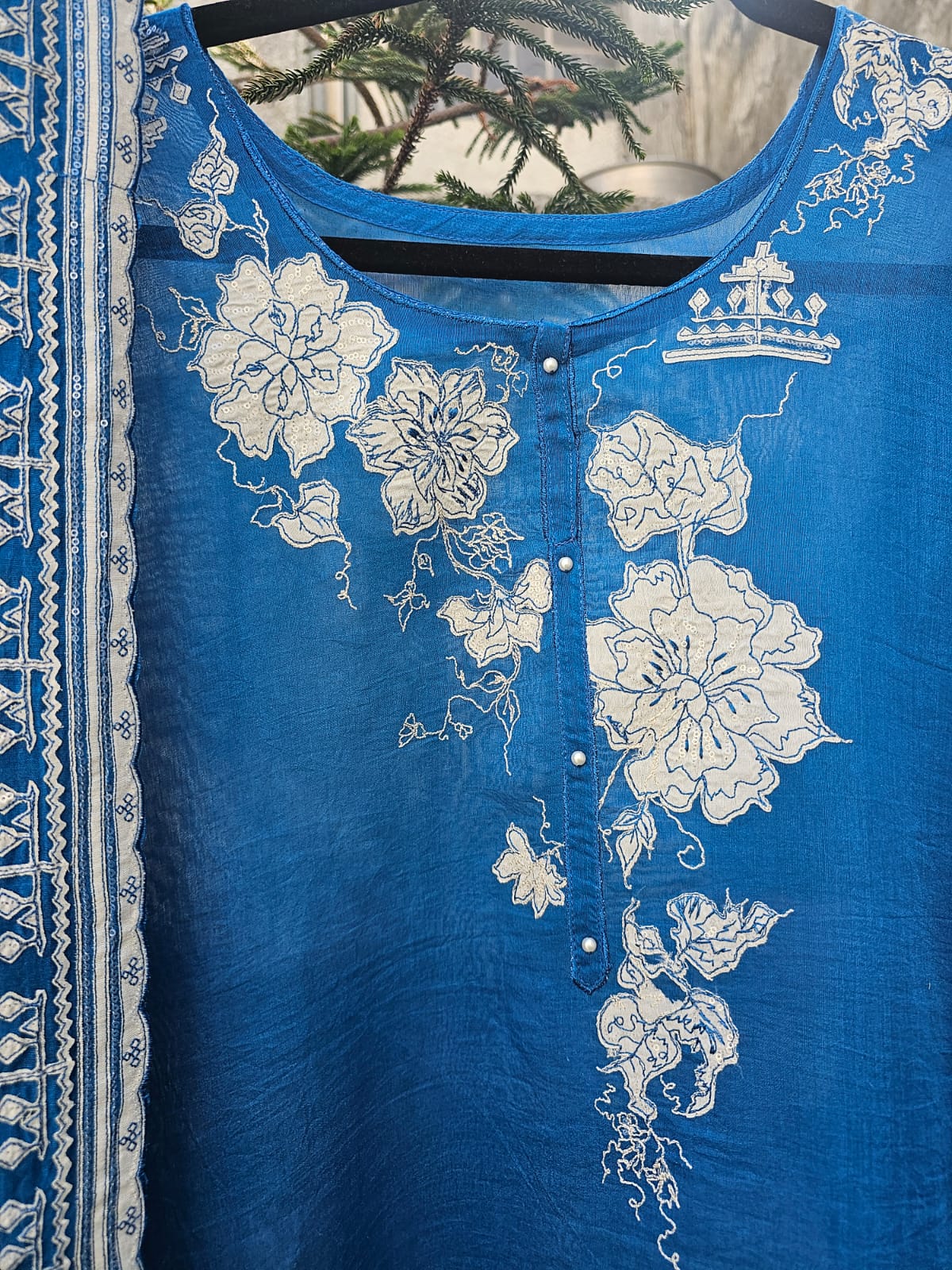 3 Piece Chanderi Mulmul Semi Stitched Suit Set in Shade of Blue