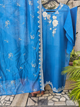 3 Piece Chanderi Mulmul Semi Stitched Suit Set in Shade of Blue