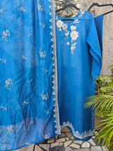 3 Piece Chanderi Mulmul Semi Stitched Suit Set in Shade of Blue