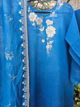 3 Piece Chanderi Mulmul Semi Stitched Suit Set in Shade of Blue