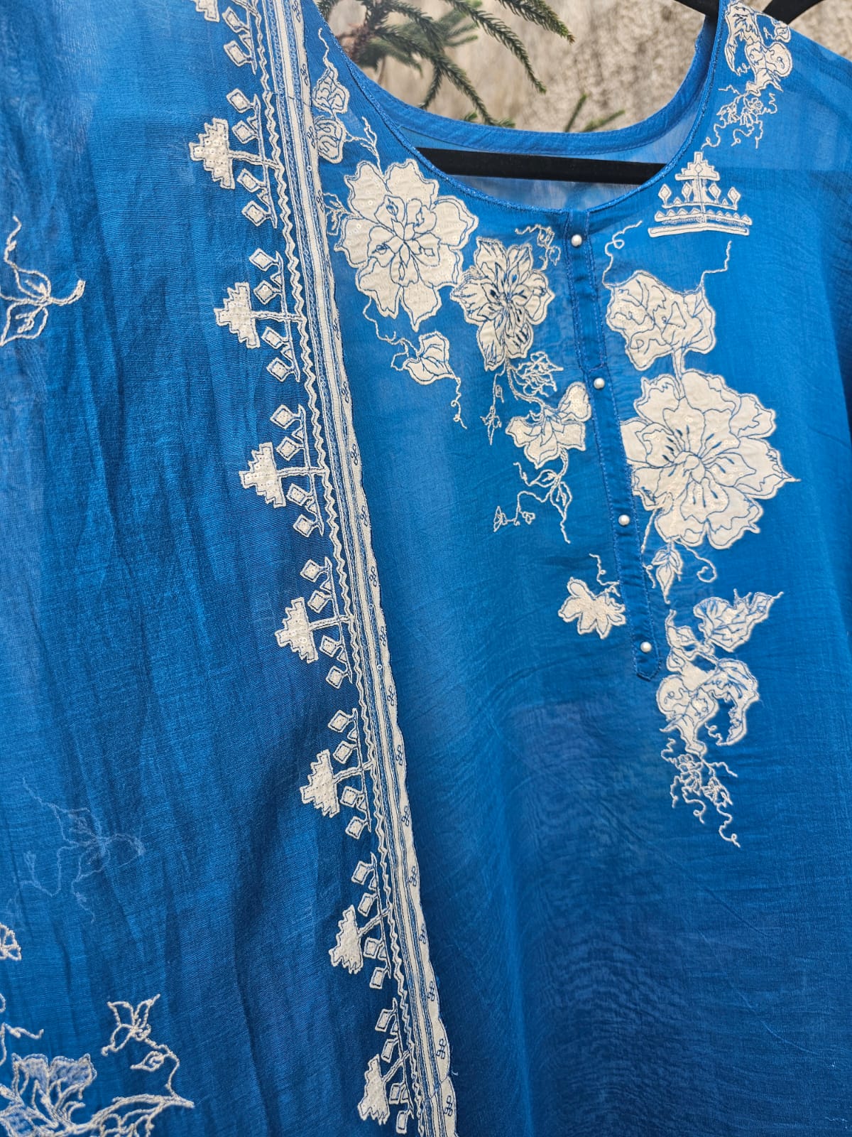 3 Piece Chanderi Mulmul Semi Stitched Suit Set in Shade of Blue