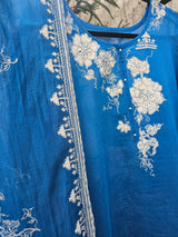 3 Piece Chanderi Mulmul Semi Stitched Suit Set in Shade of Blue