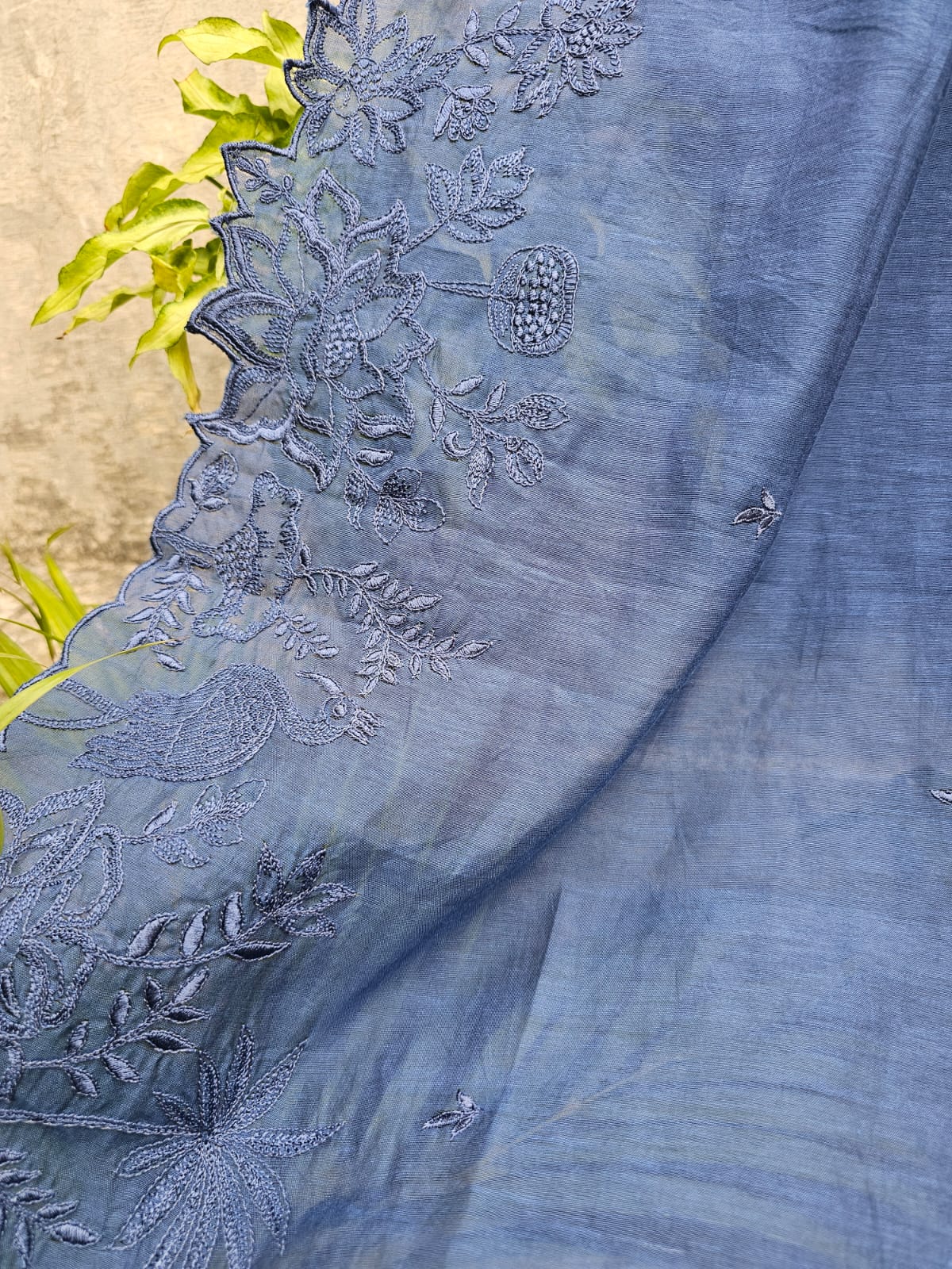 3 Piece Chanderi Mulmul Semi Stitched Suit Set in Shade of Blue