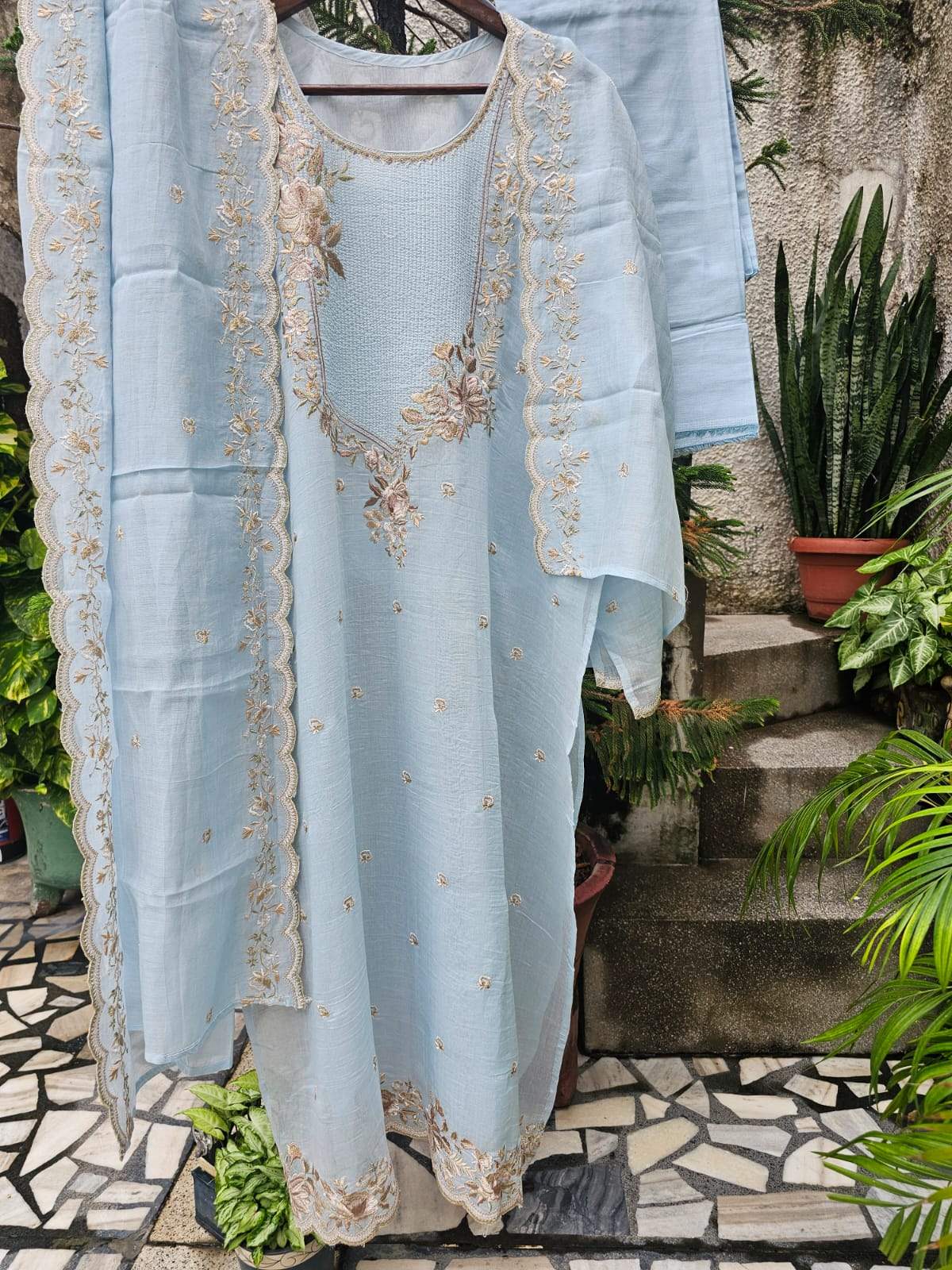 Dreamy Light Blue 3-pc Chanderi Mulmul Semi Stitched Suit Set