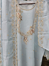 Dreamy Light Blue 3-pc Chanderi Mulmul Semi Stitched Suit Set