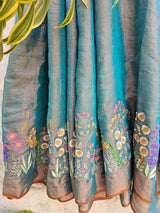 Blue and Copper Handloom Tissue Linen Saree with Machine Embroidery