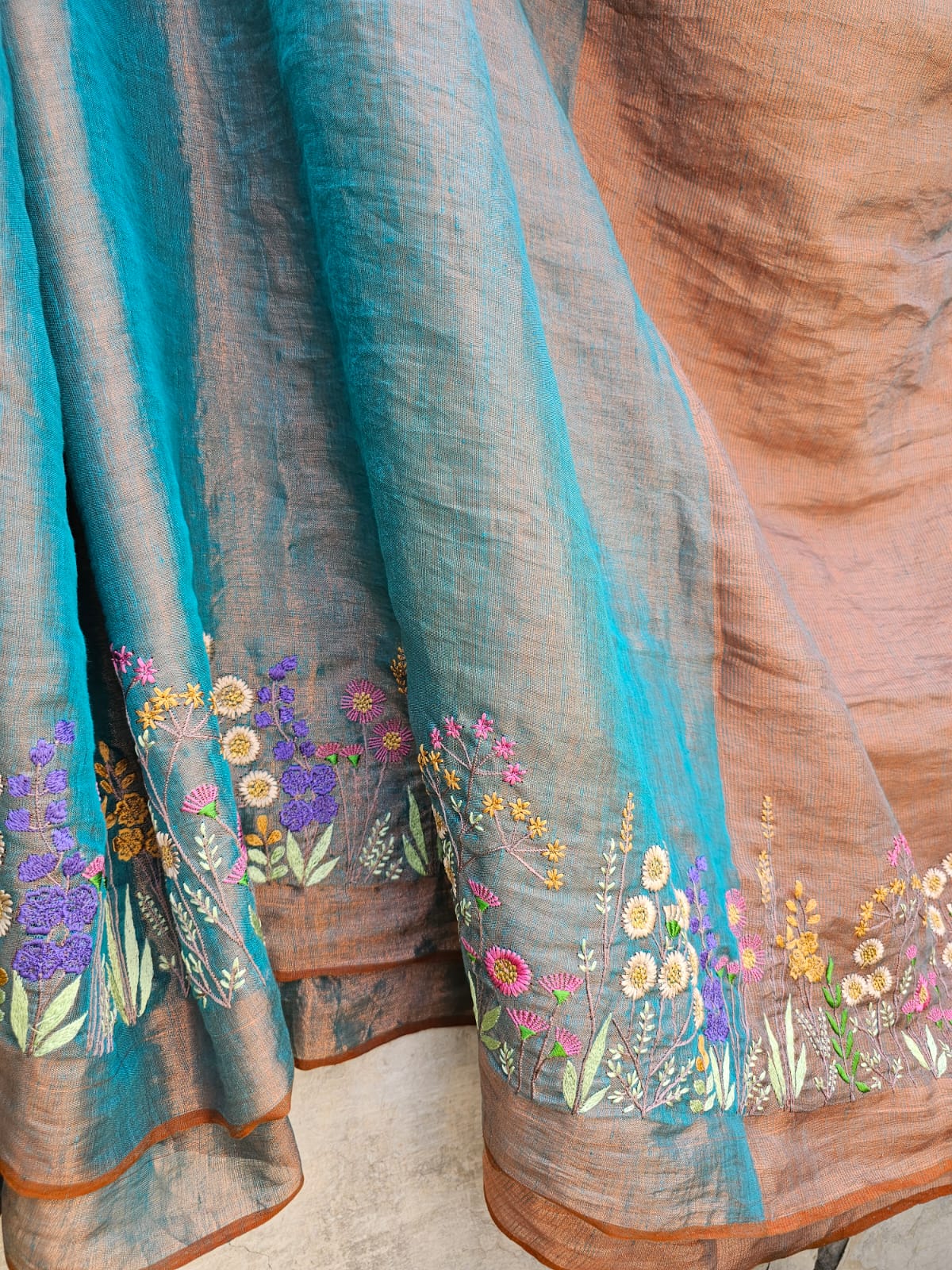 Blue and Copper Handloom Tissue Linen Saree with Machine Embroidery