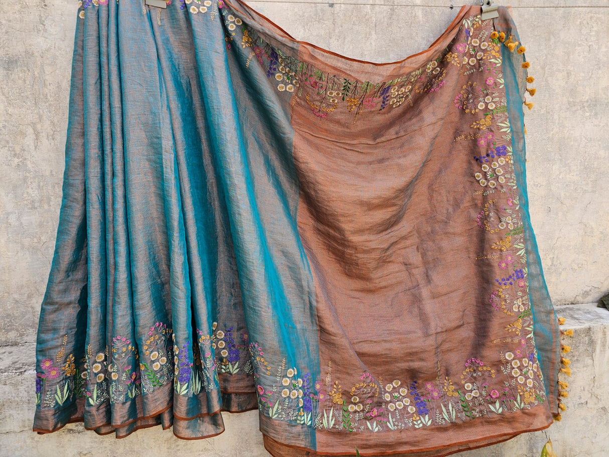 Blue and Copper Handloom Tissue Linen Saree with Machine Embroidery